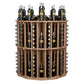 Round wood wine bottle display with metal pegs, back view showing open tiers
