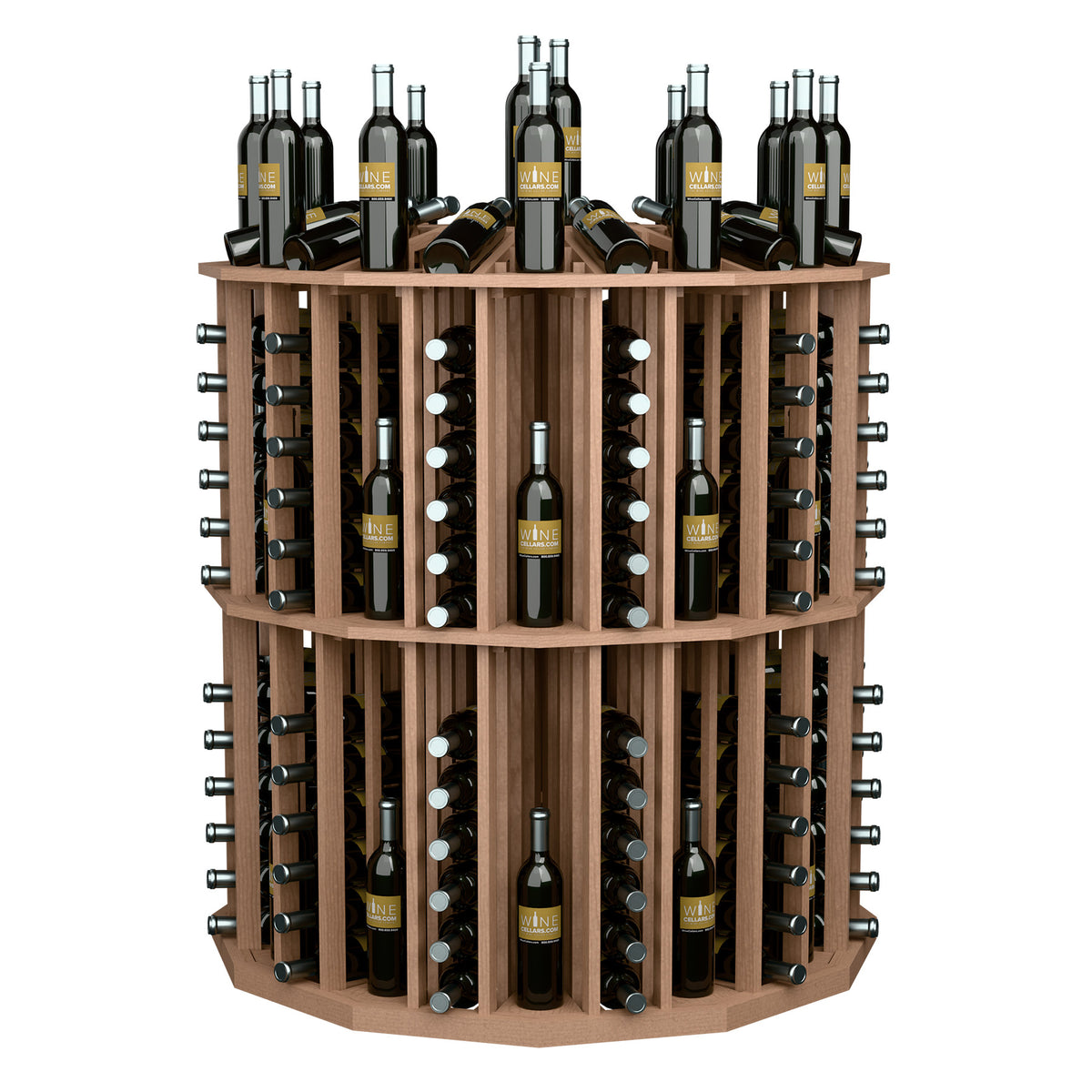 Round wood wine bottle display with metal pegs, back view showing open tiers