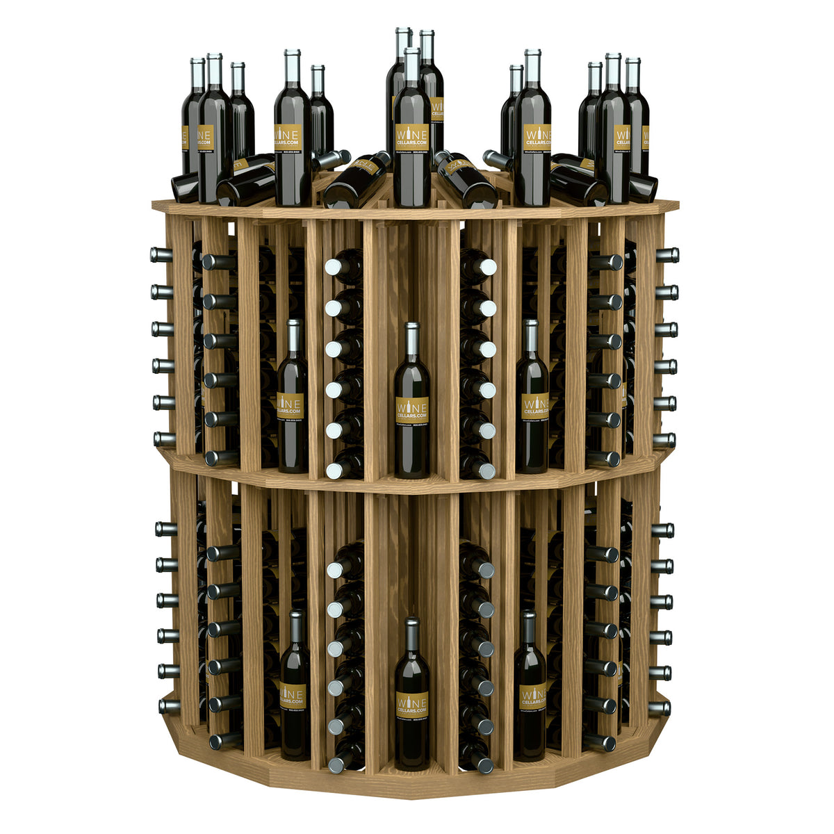Natural wood round wine bottle display rack with bottle slots and metal peg holders