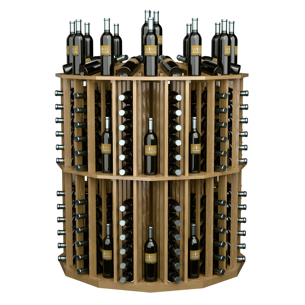 Round wine bottle display rack with light wood frame and bottle slots around the sides