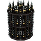 Black round bottle display with metal bottle racks and glass bottle holder slots