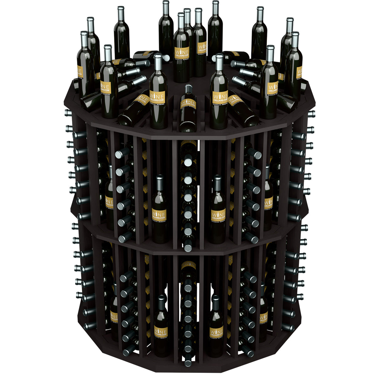 Black round bottle display with metal bottle racks and glass bottle holder slots