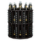 Round commercial bottle display rack, dark finish with multiple vertical bottle slots
