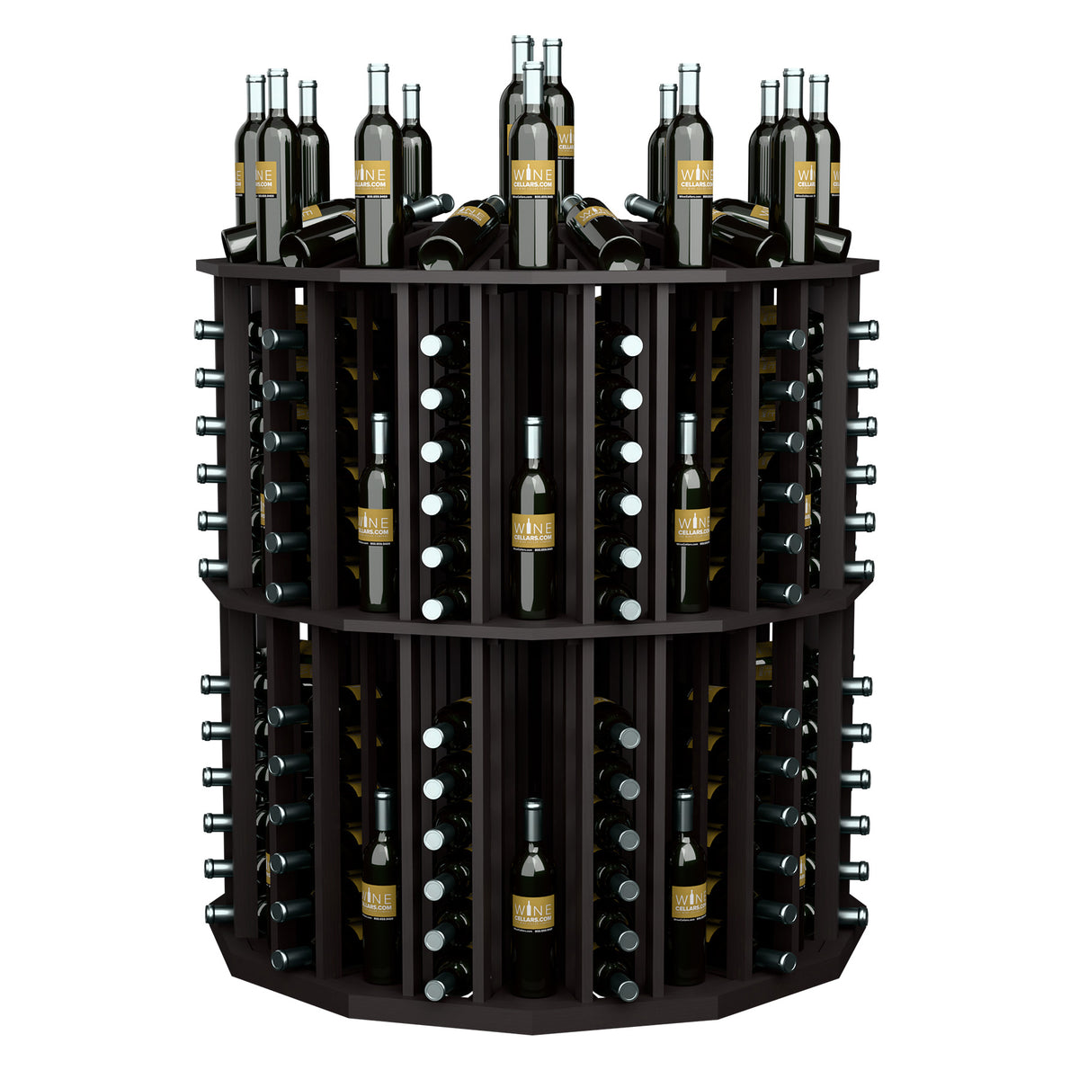 Round commercial bottle display rack, dark finish with multiple vertical bottle slots