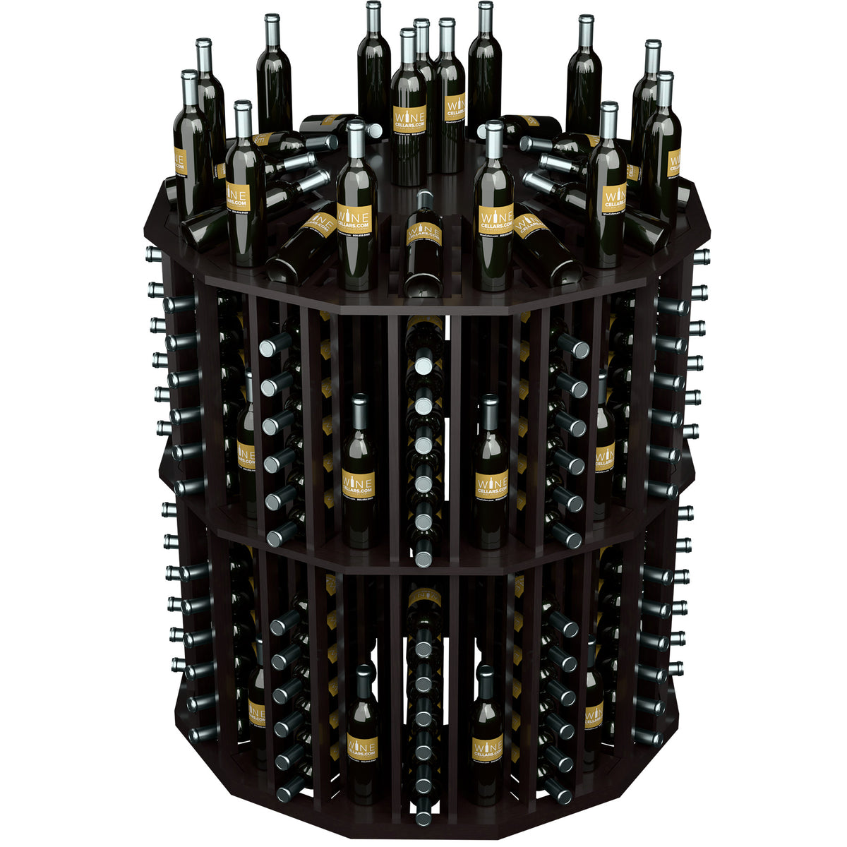 Round wine bottle display rack with dark wood panels and a top tier of bottles