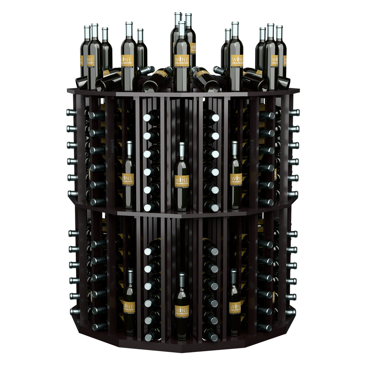 Round wine bottle display rack with dark frame and stacked bottle slots