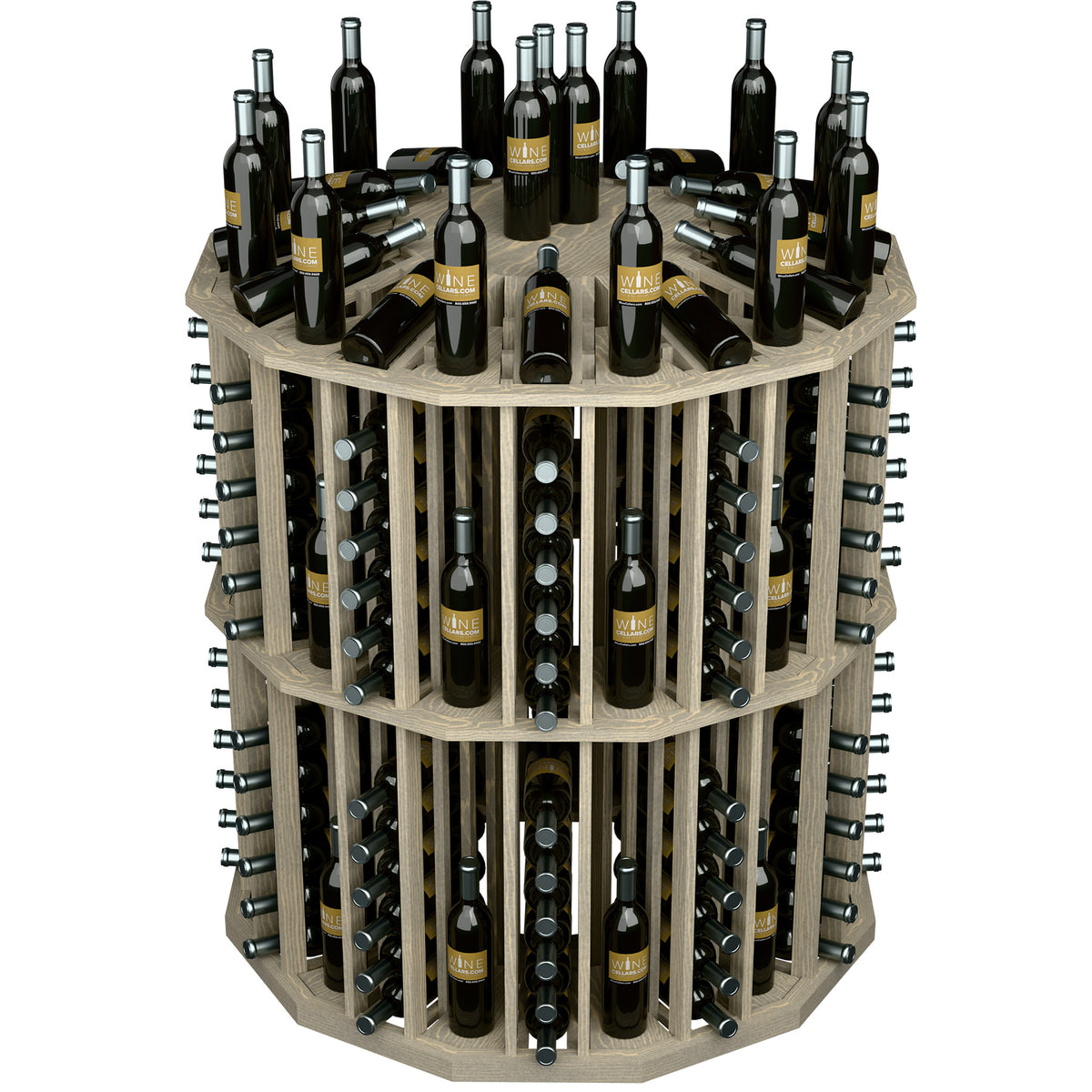 Round light wood wine bottle display with open top and rows of bottles in cube slots