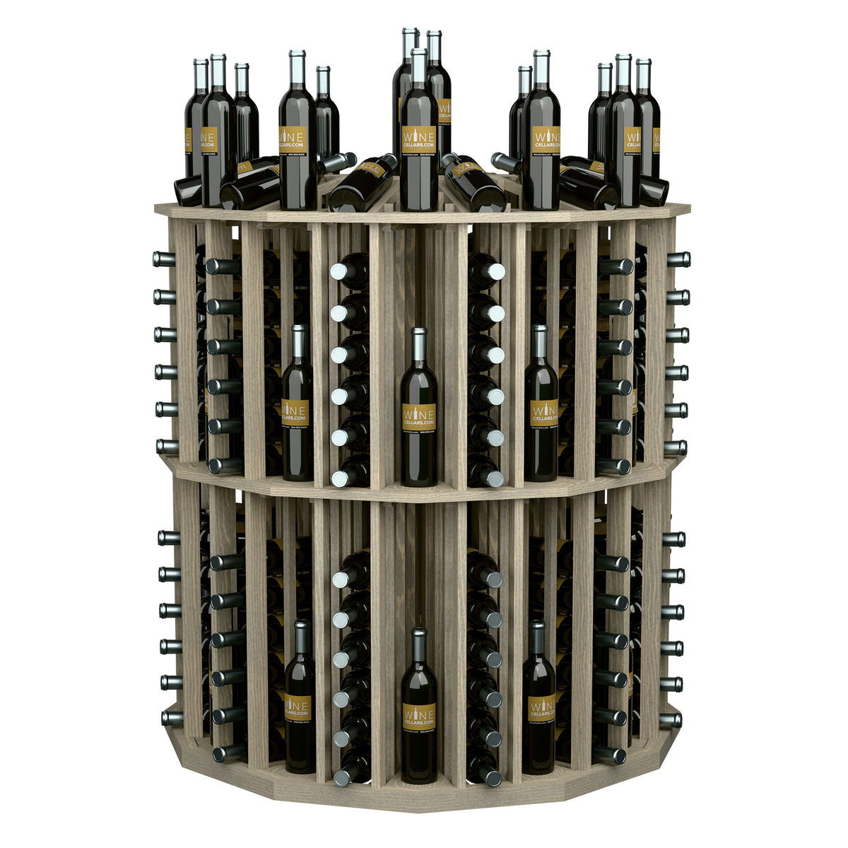 Grey round wine bottle display rack with multiple upright bottles in tiered circular slots