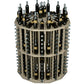 Round bottle display rack with dark wine bottles in light wood cubbies, front view