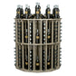 Round bottle display rack with dark wine bottles in light wood cubbies, angled view