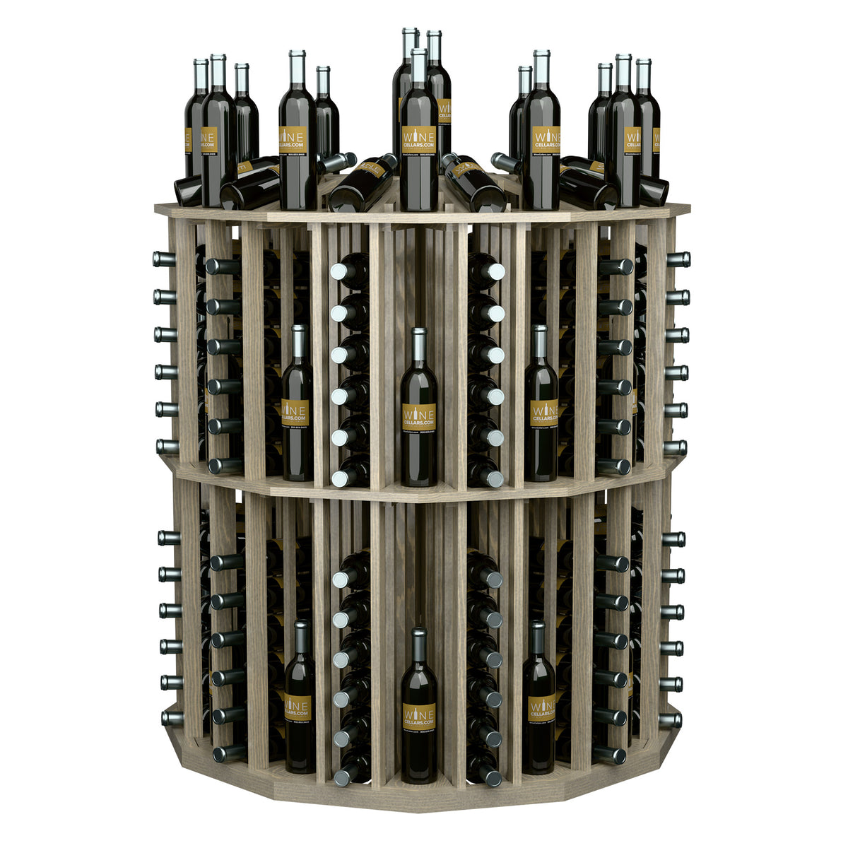 Round bottle display rack with dark wine bottles in light wood cubbies, angled view
