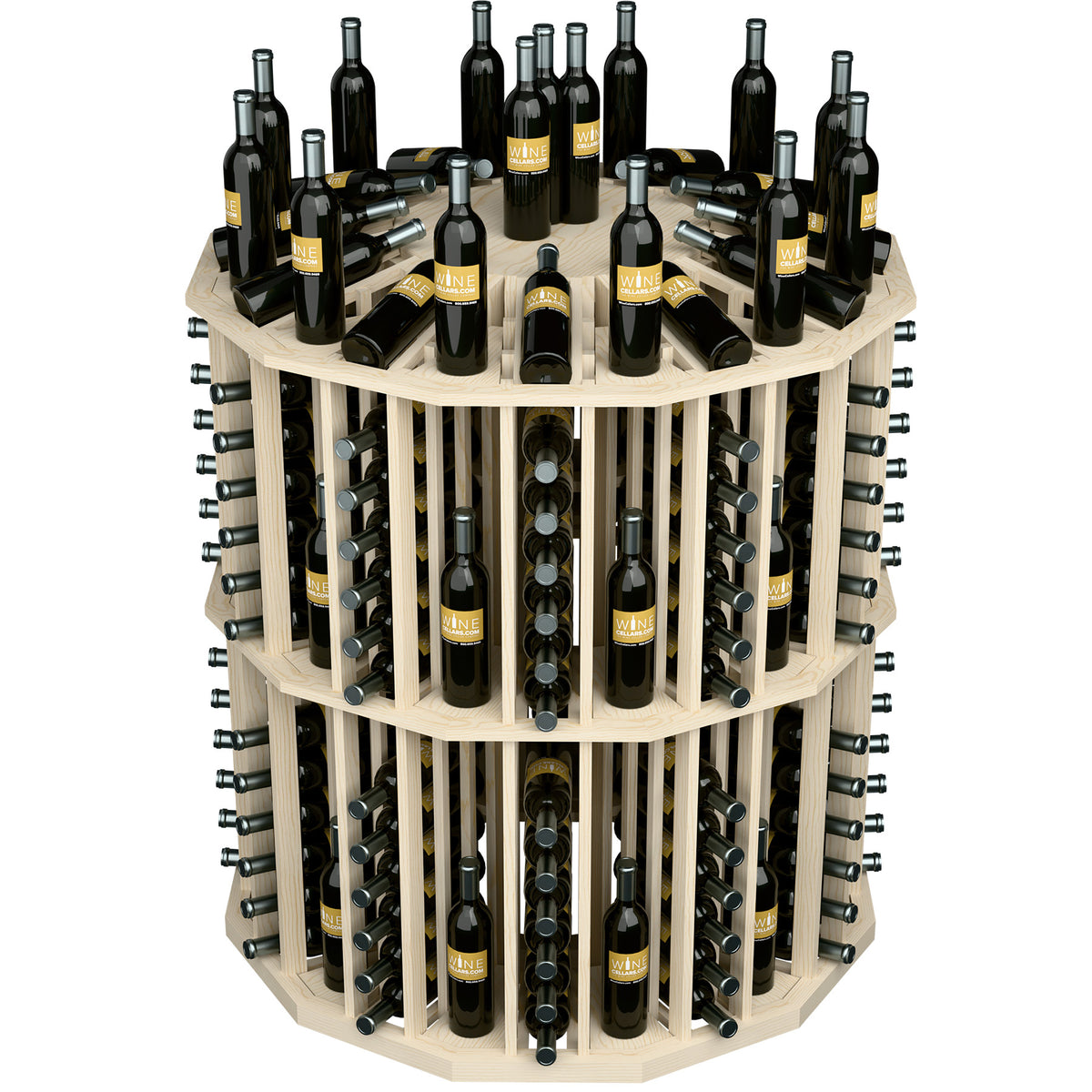 Light wood round wine bottle display with organized bottle rows and a flat top shelf