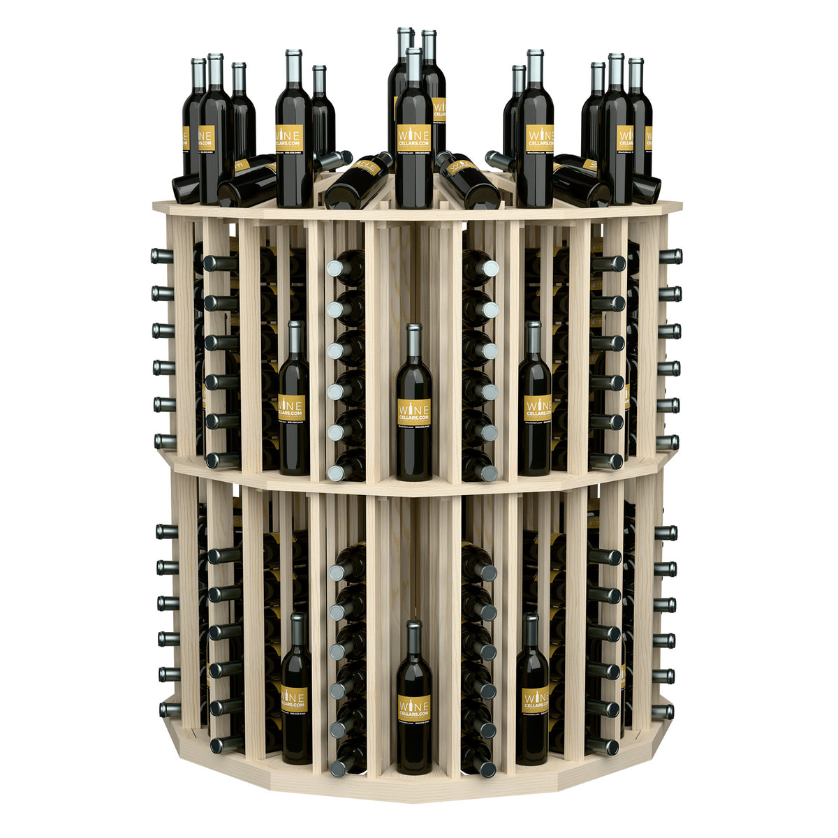 Round wood wine bottle display with metal pegs, lighter finish and tiered bottle slots