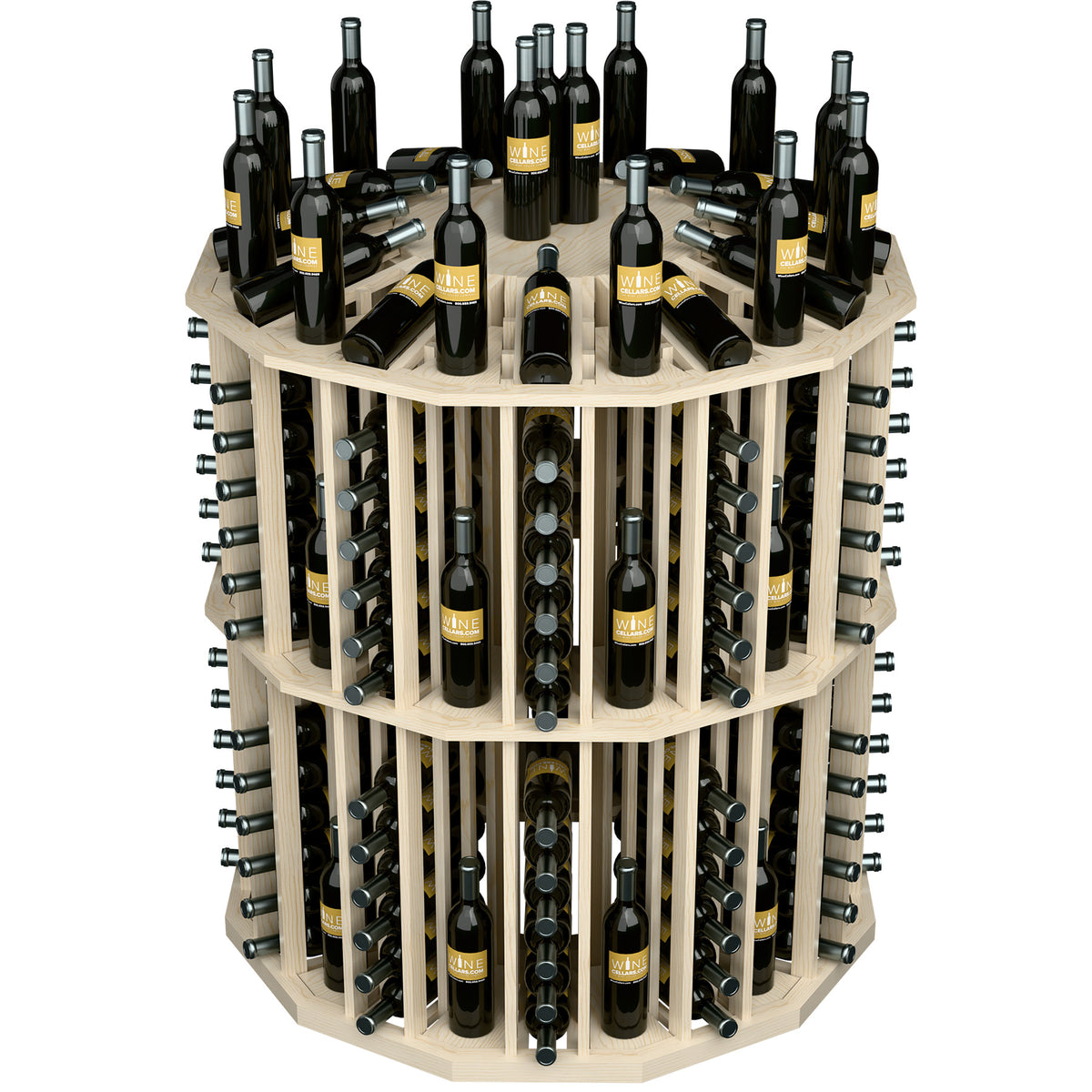 Round bottle display rack with dark wine bottles in light wood cubbies, front view