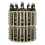 Round bottle display rack with dark wine bottles in light wood cubbies, angled view