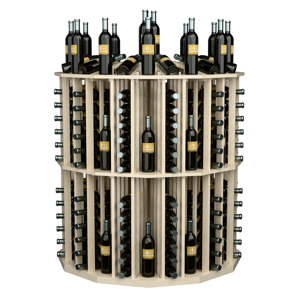 Round bottle display rack with dark wine bottles in light wood cubbies, angled view