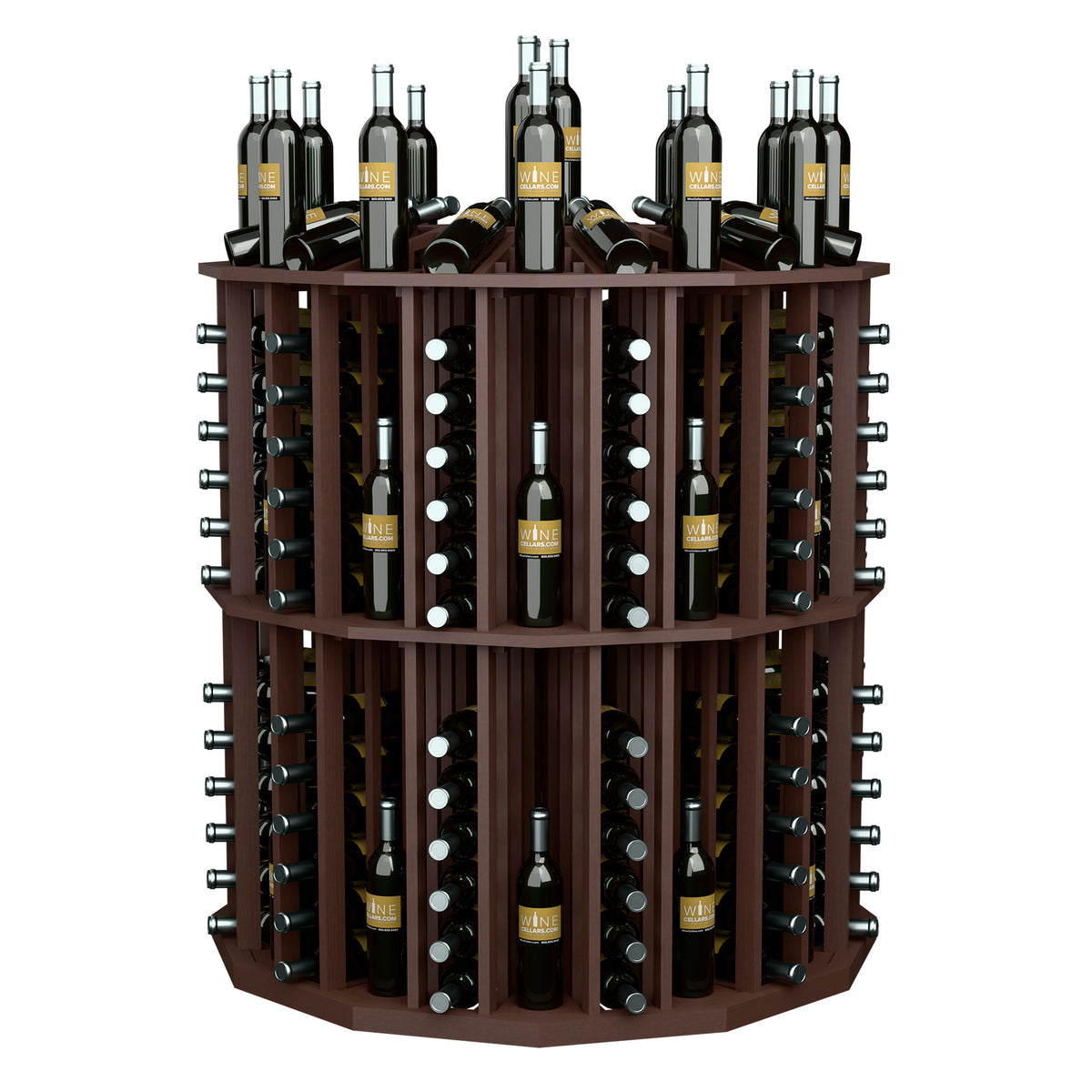 Round bottle display rack with brown wood finish and rows of bottle holder slots