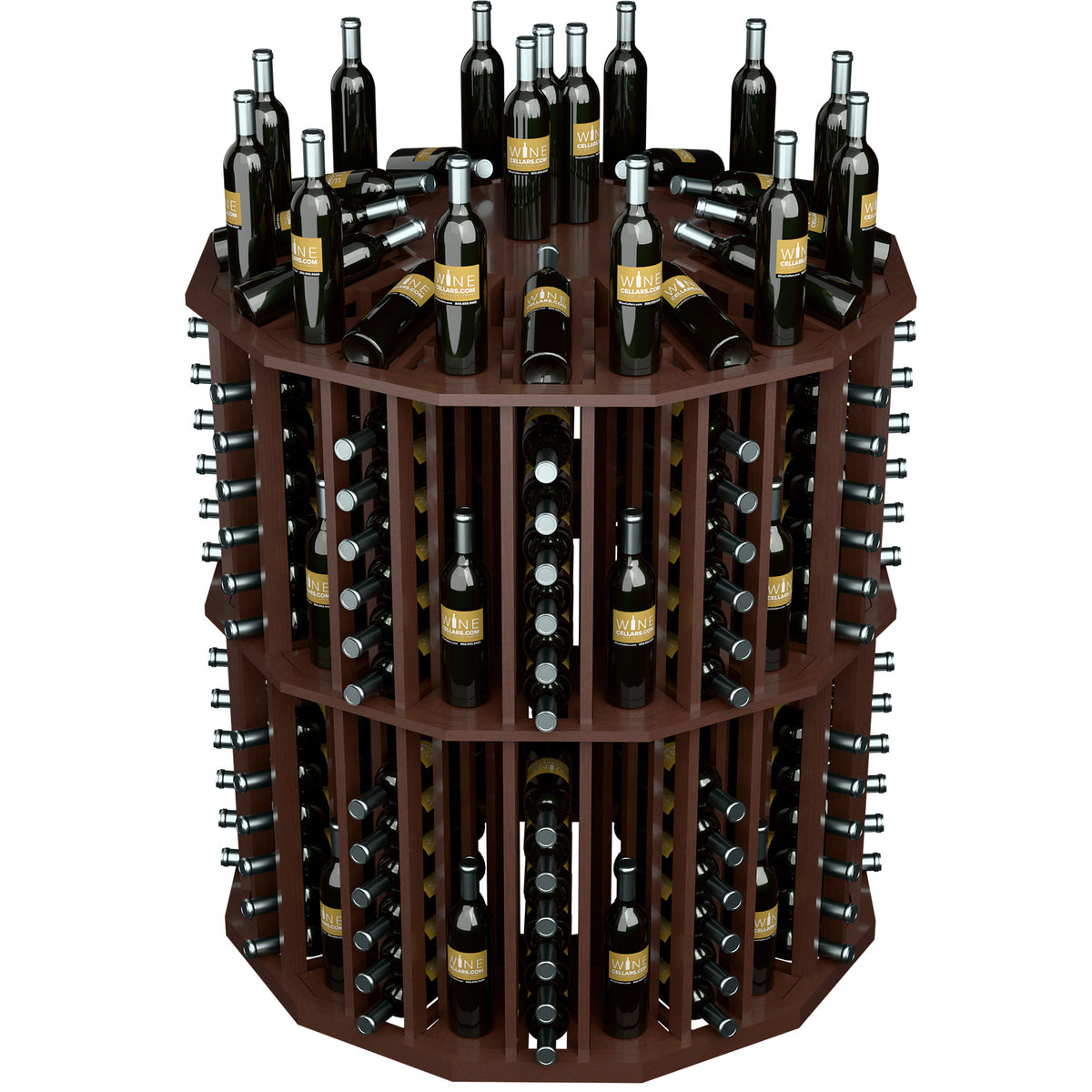Round bottle display rack with dark wine bottles in dark brown wood cubbies, front view