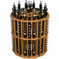 Round wood wine rack with metal pegs, centered front view of tiered bottle holders