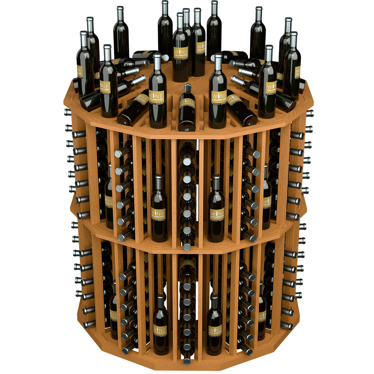 Round wood wine rack with metal pegs, centered front view of tiered bottle holders