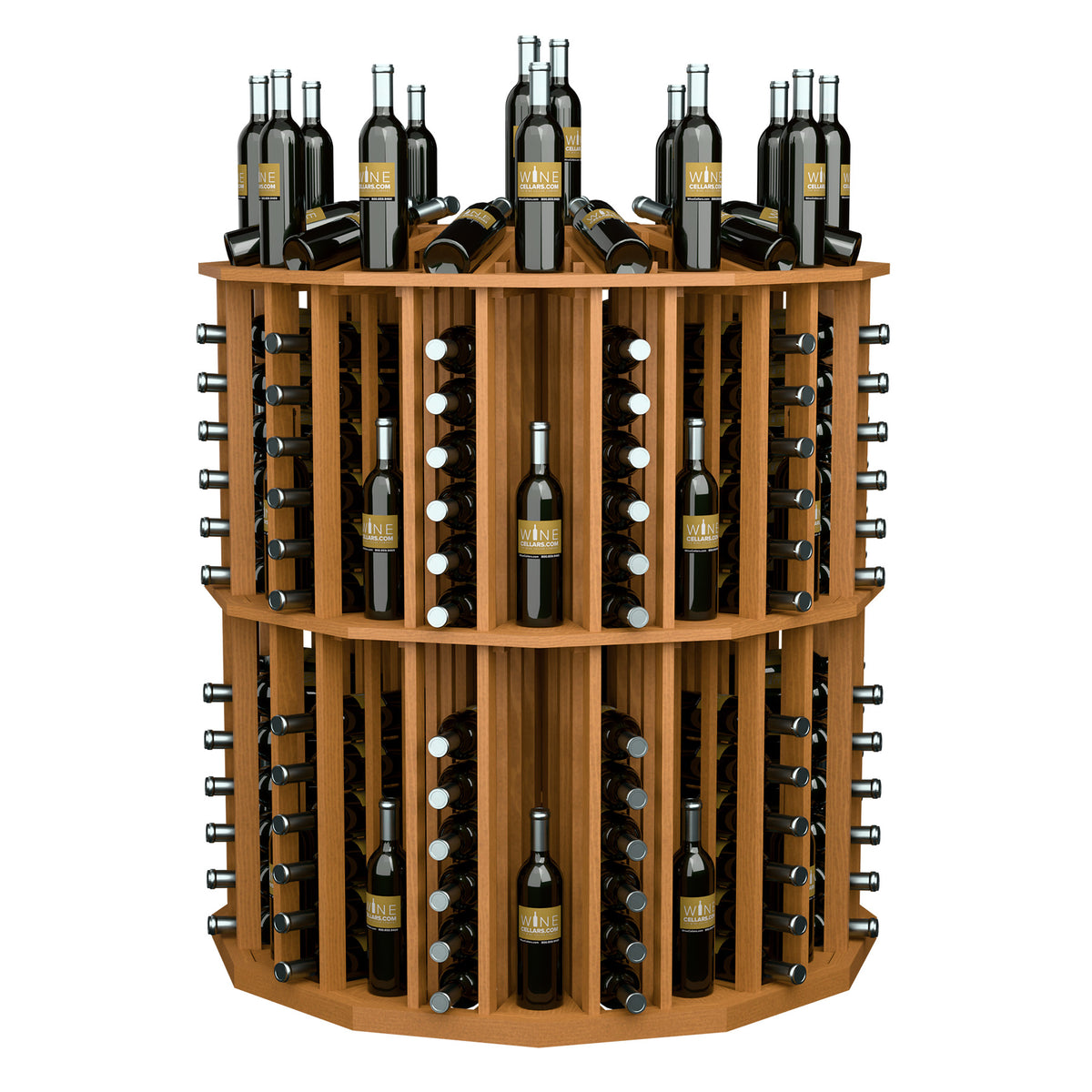 Light oak round wine bottle display rack with bottle rows and metal peg holders