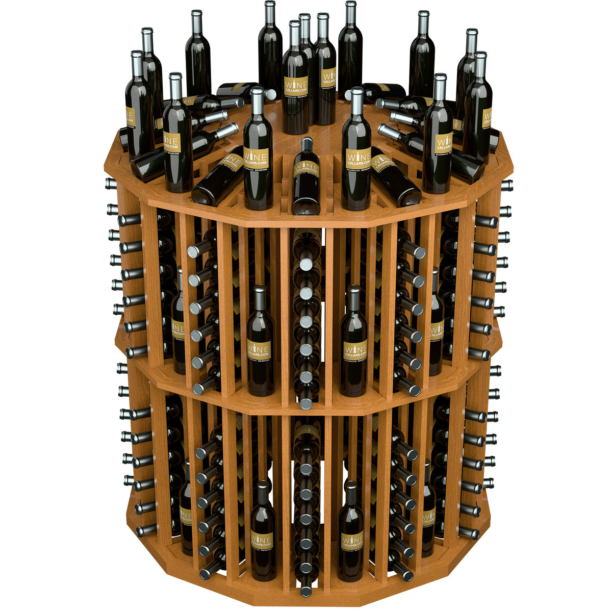 Round bottle display rack with dark wine bottles in golden wood cubbies, front view