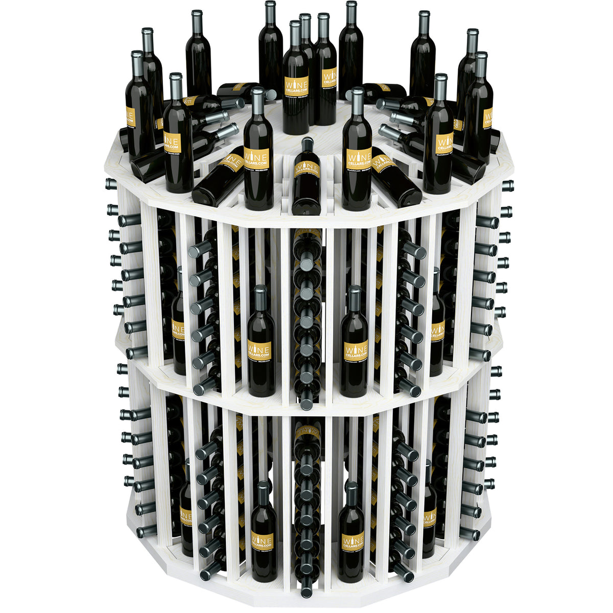 Round wine bottle display rack with white wood shelves and multiple black bottles