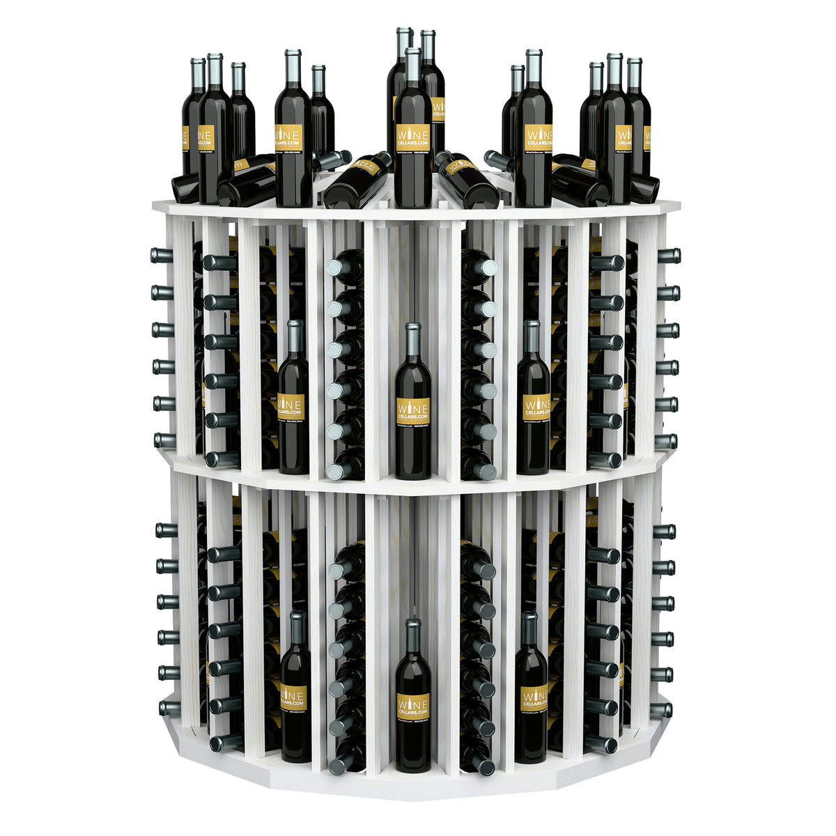 White round wine bottle display rack with upright bottles in circular rows