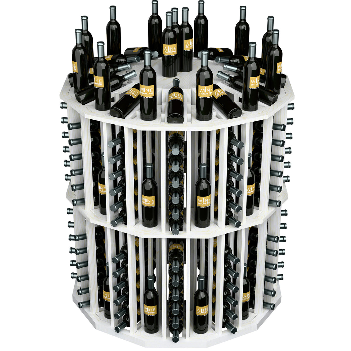 Round bottle display rack with dark wine bottles in white cubbies, front view