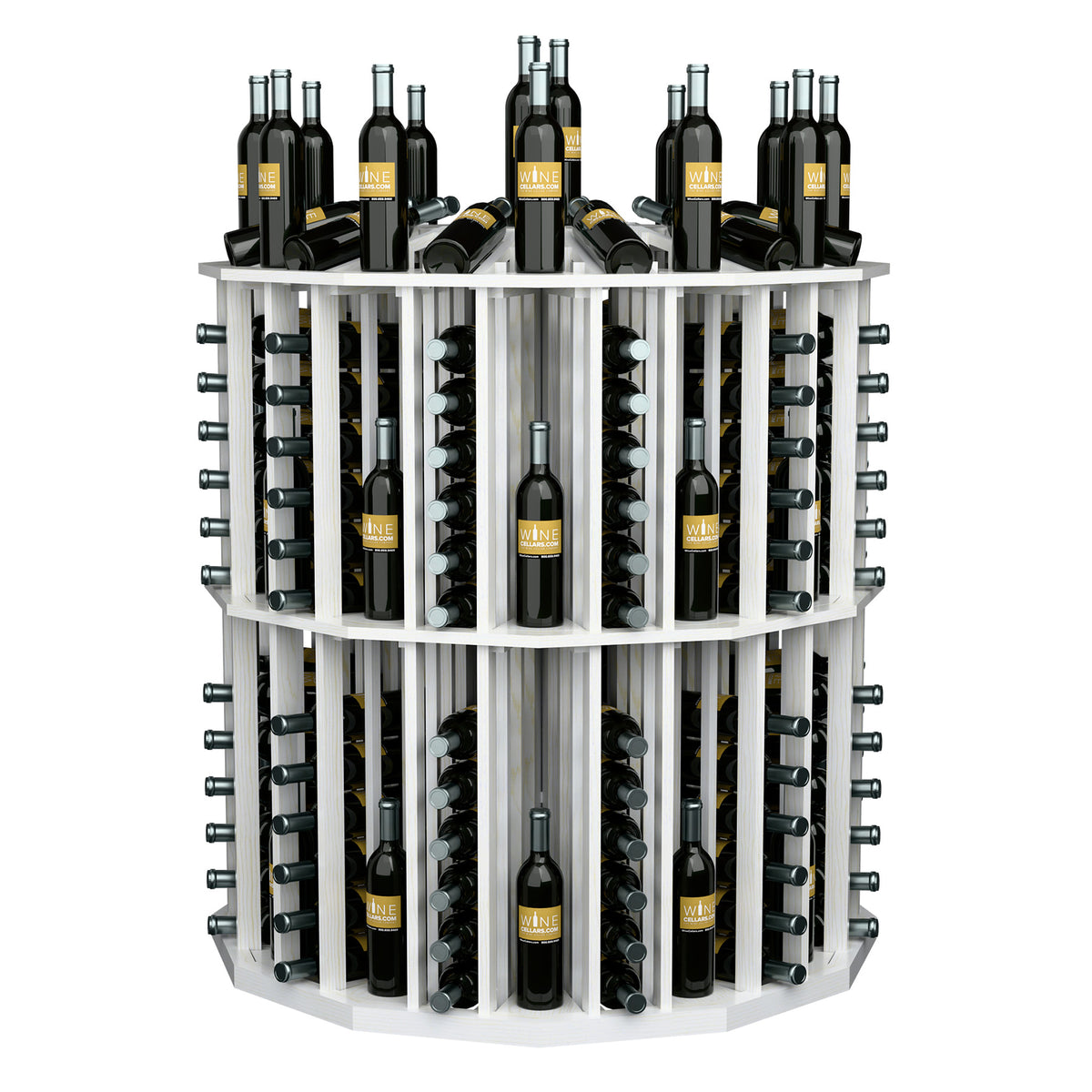 Round bottle display rack with dark wine bottles in white cubbies, angled view