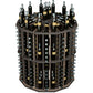 Dark wood round wine bottle display rack with metal holders and labeled wine bottles