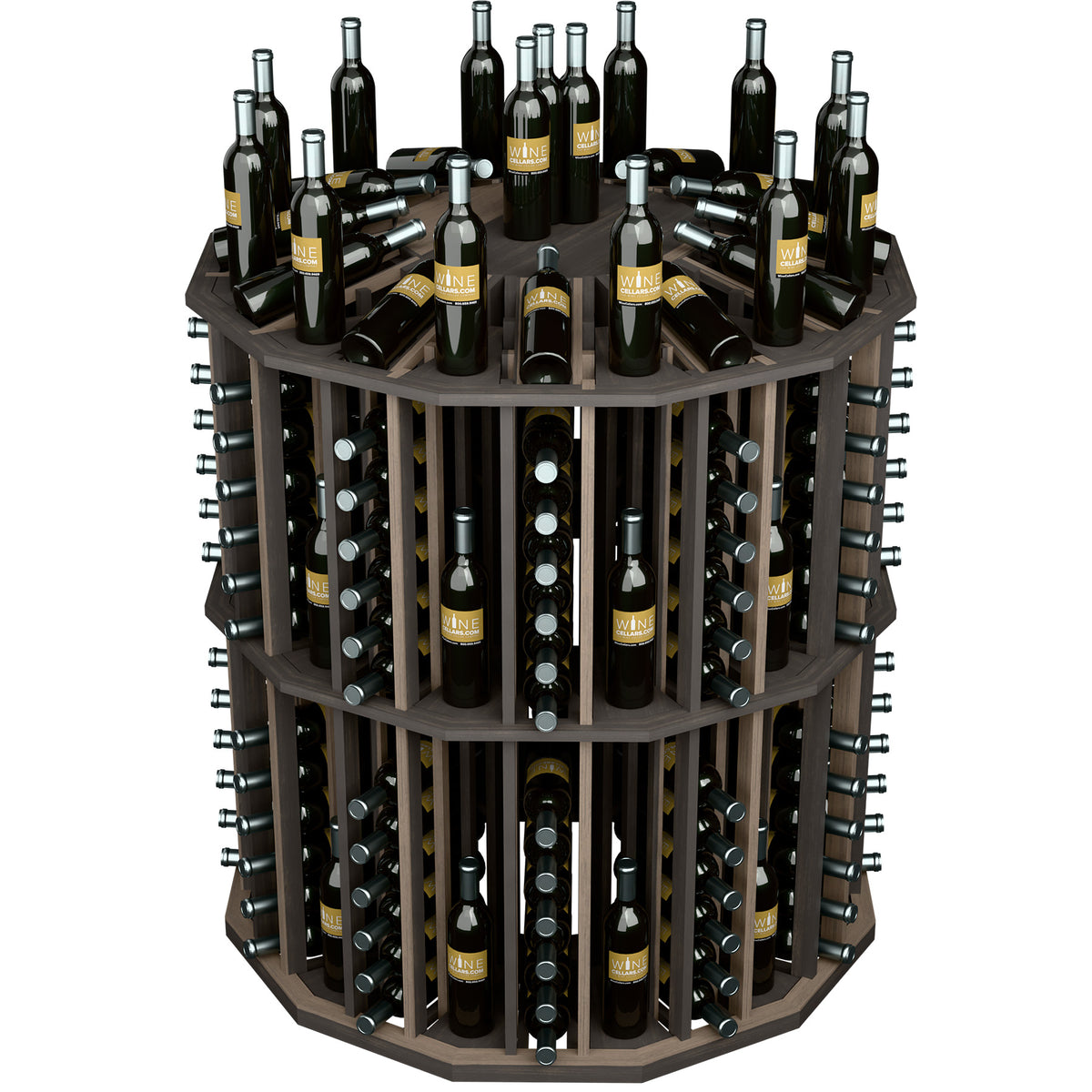 Dark wood round wine bottle display rack with metal holders and labeled wine bottles