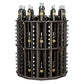 Brown round bottle display with metal racks and glass bottle holder compartments
