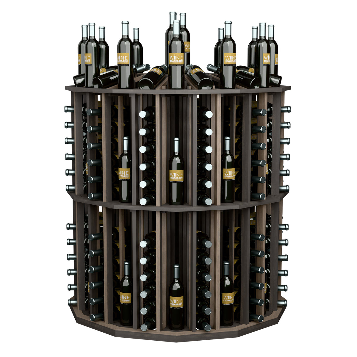 Brown round bottle display with metal racks and glass bottle holder compartments
