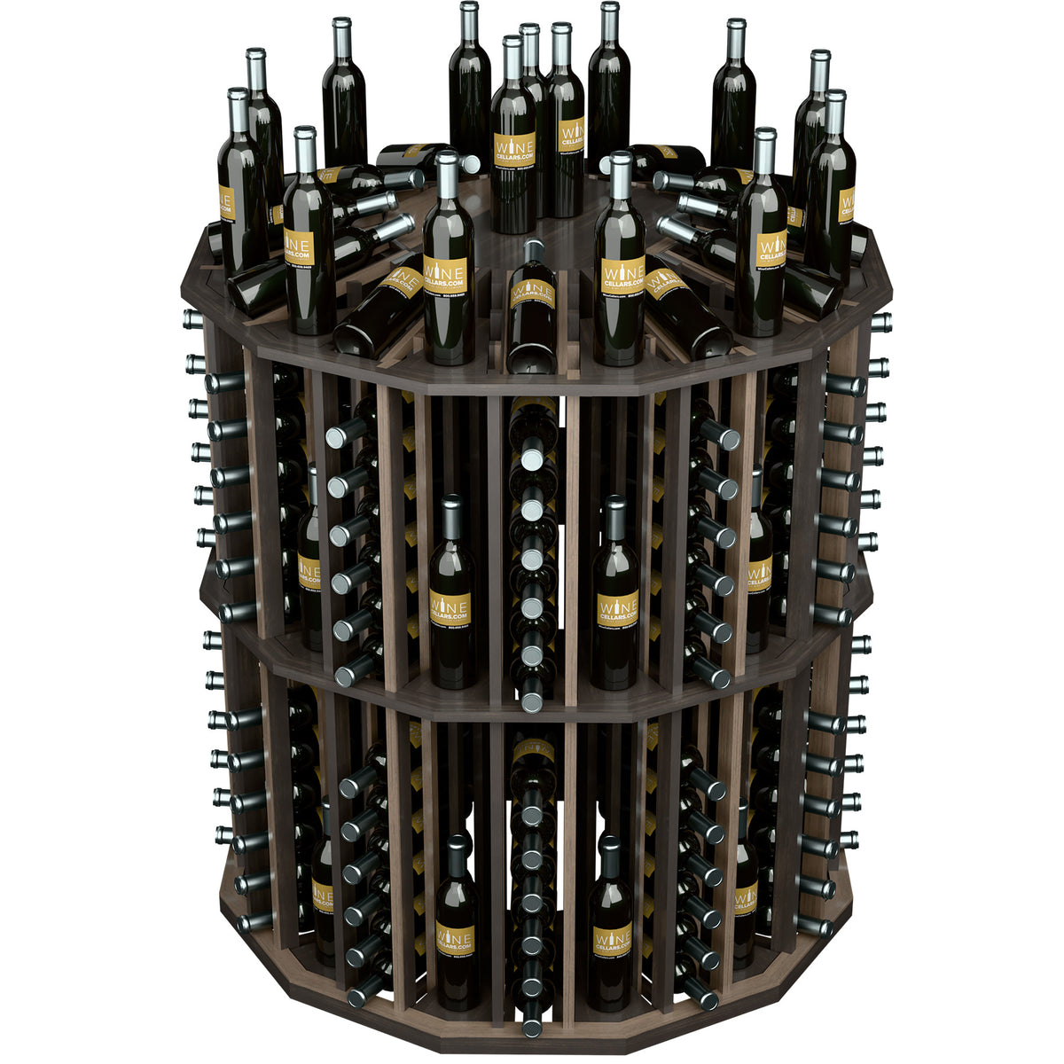 Round wine bottle display rack with dark wood shelves and rows of black bottles