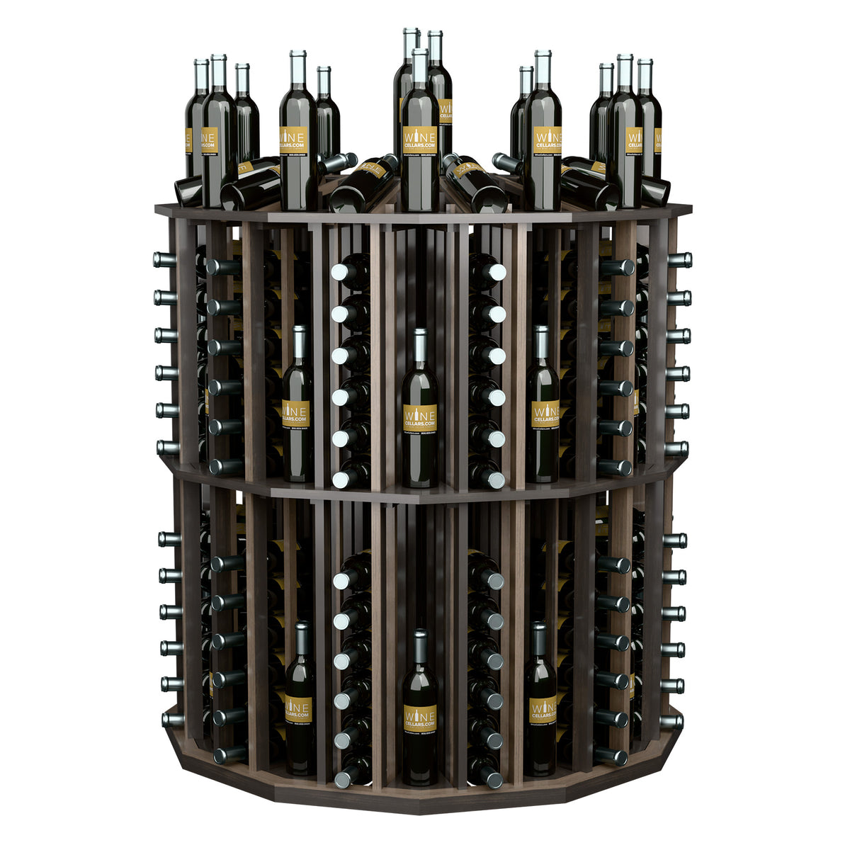 Round wine bottle display with dark wood frame, bottle tiers, and black wine bottles