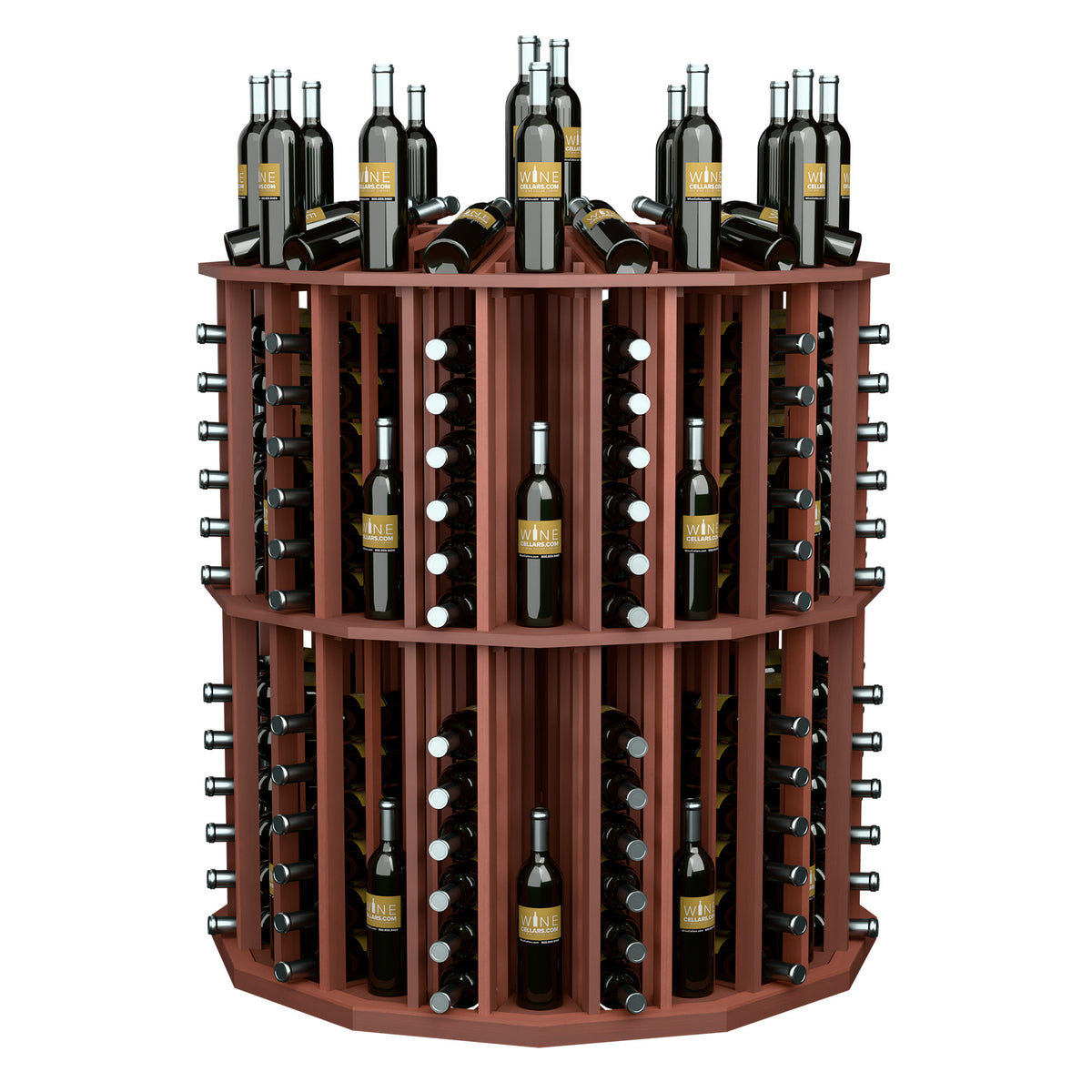 Brown round bottle display with metal bottle racks and glass holder slots