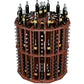 Round wine bottle display rack with reddish wood shelves and rows of black wine bottles