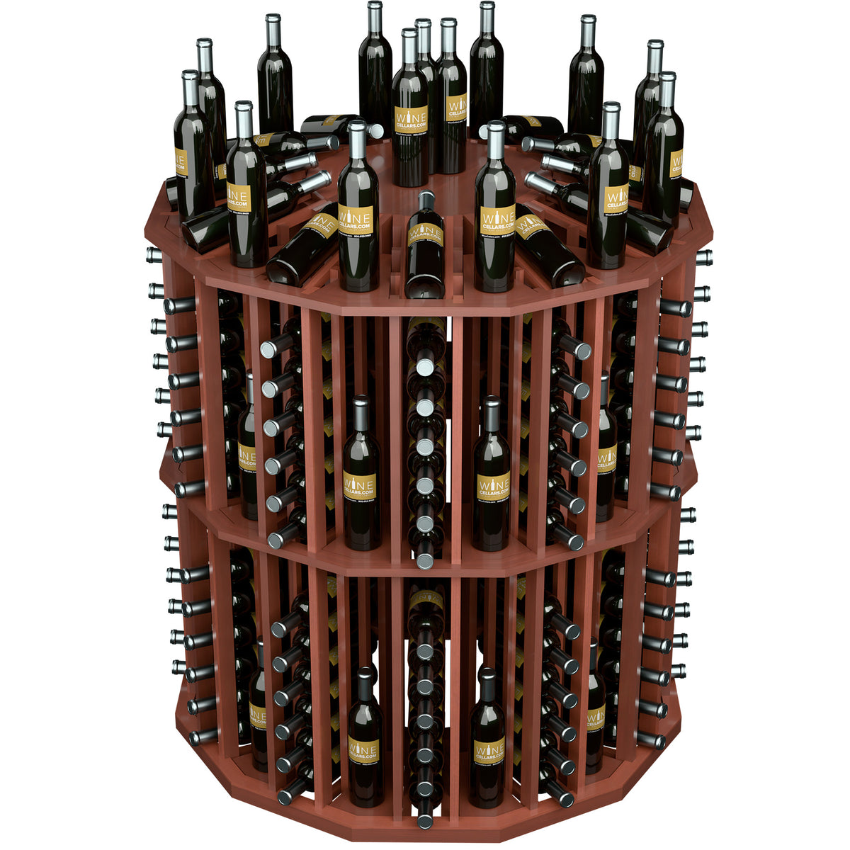 Round wine bottle display rack with reddish wood shelves and rows of black wine bottles