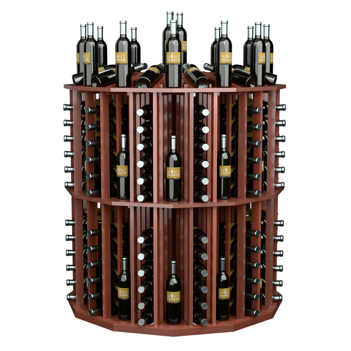 Round wine bottle display with medium reddish wood shelves and multiple black wine bottles