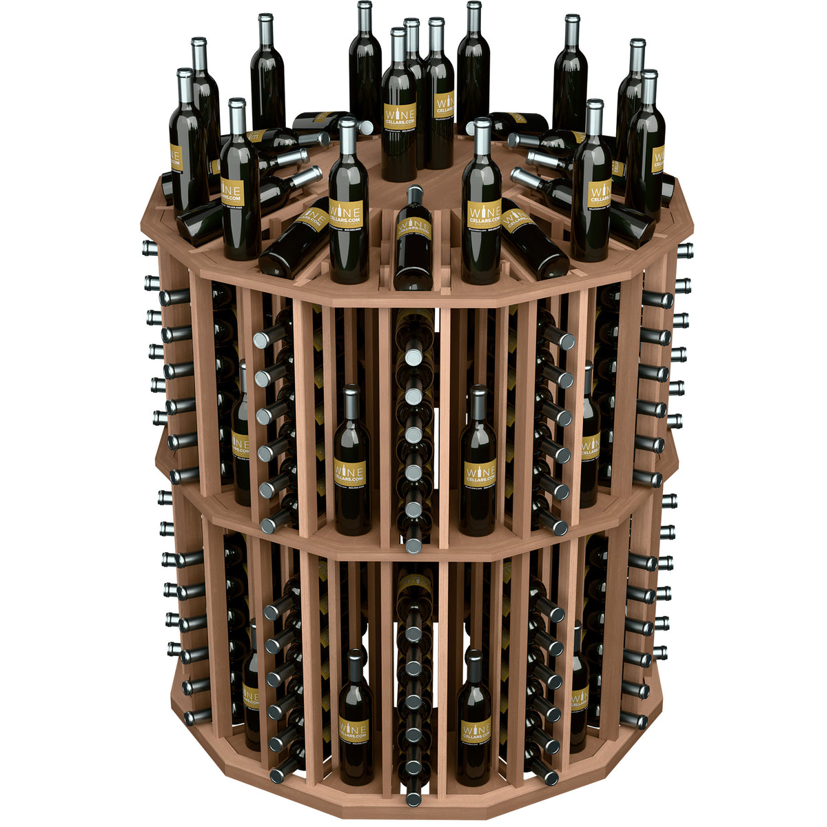 Medium-brown round wine bottle display rack with bottle slots and metal peg holders