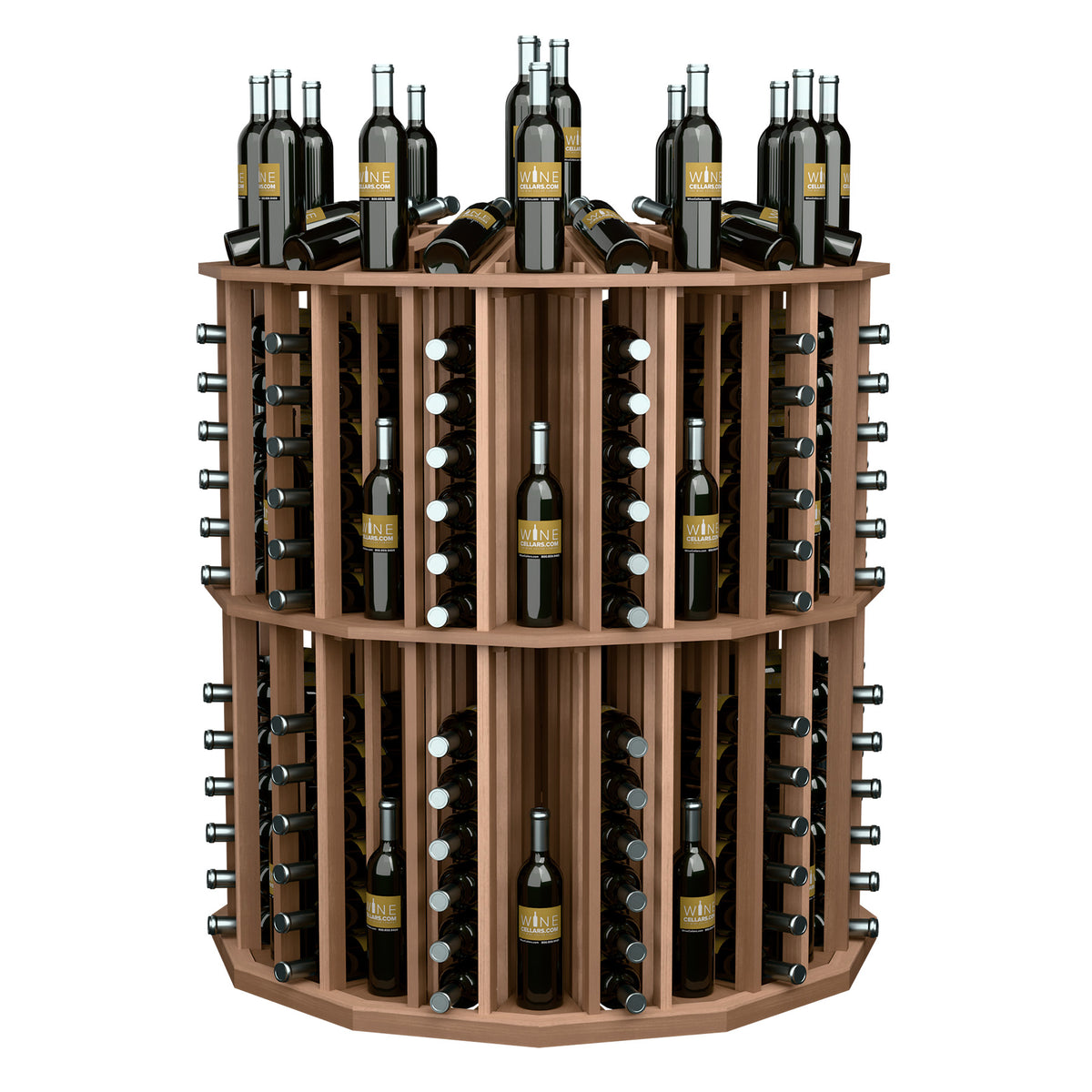 Medium wood round wine bottle display rack with bottle slots and metal peg holders