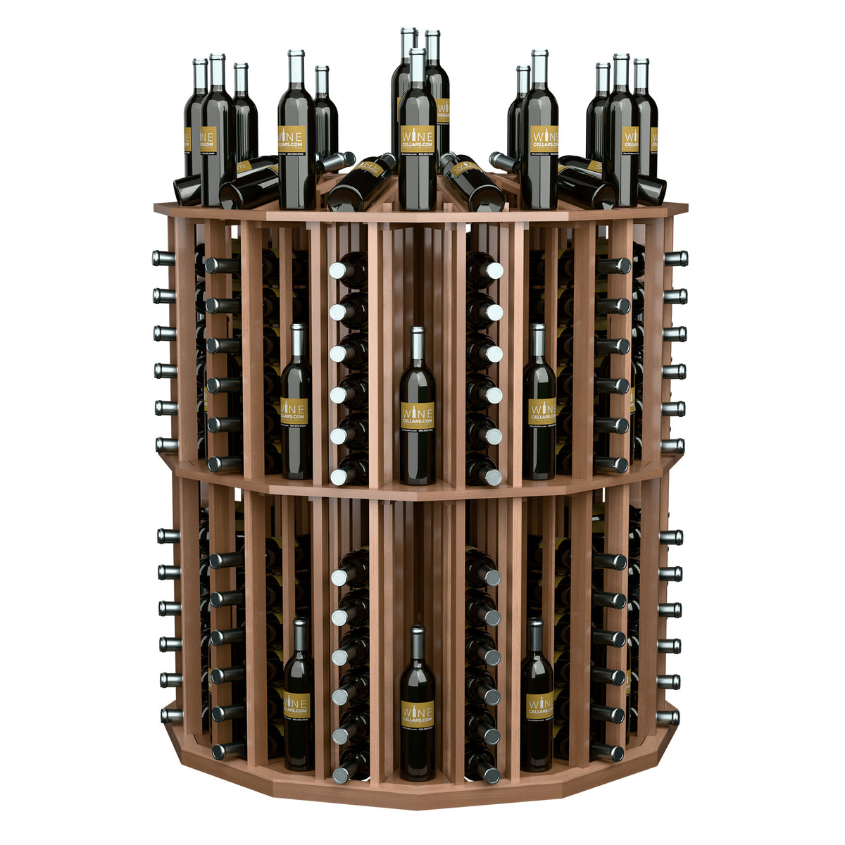 Round wine bottle display with light brown wood shelves and rows of black wine bottles