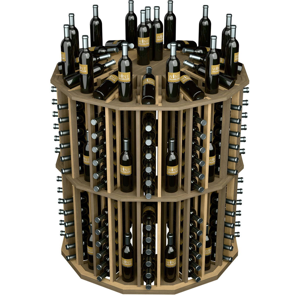 Light wood round wine bottle display rack with bottle rows and metal peg holders