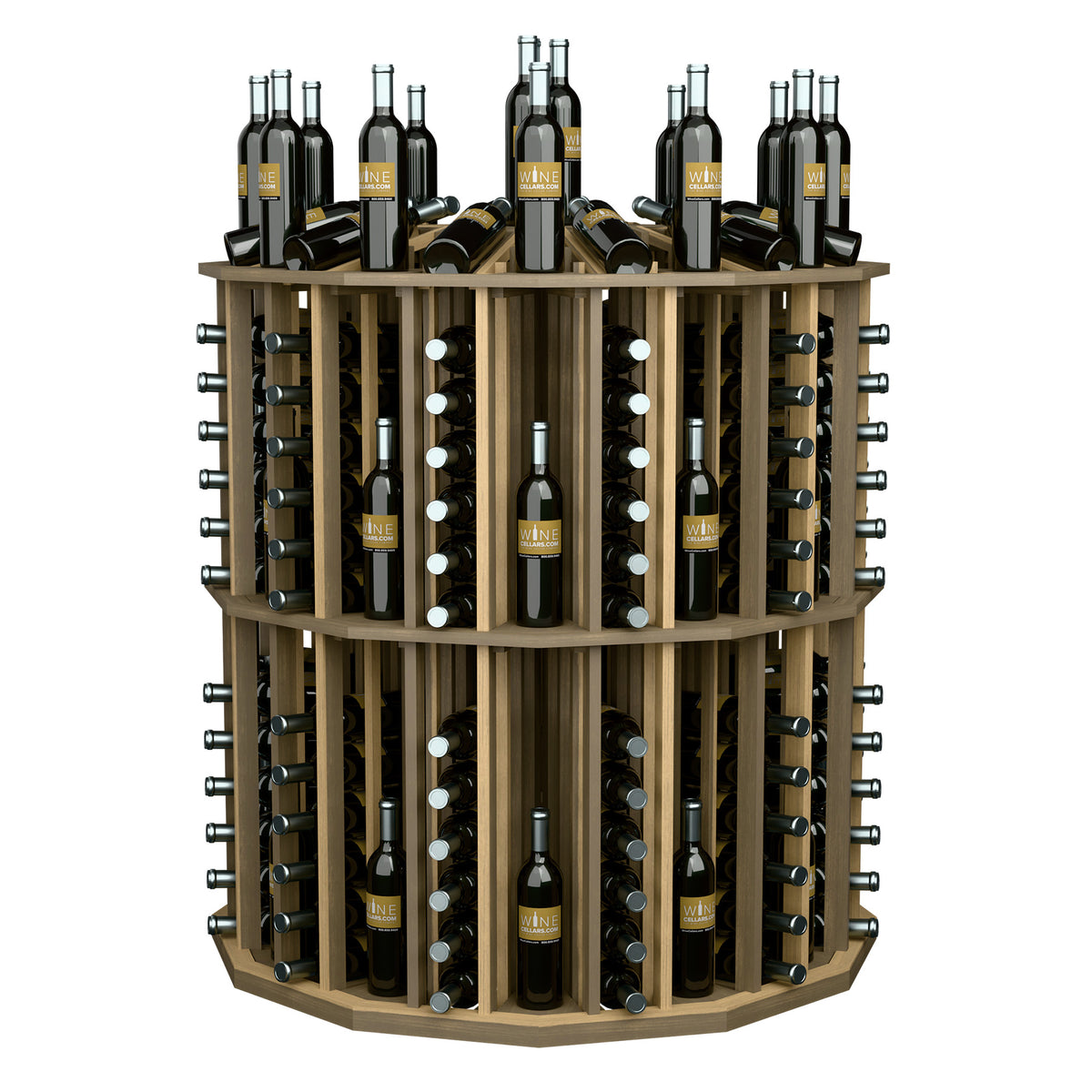 Light wood round wine bottle display rack with multiple bottle slots and metal pegs
