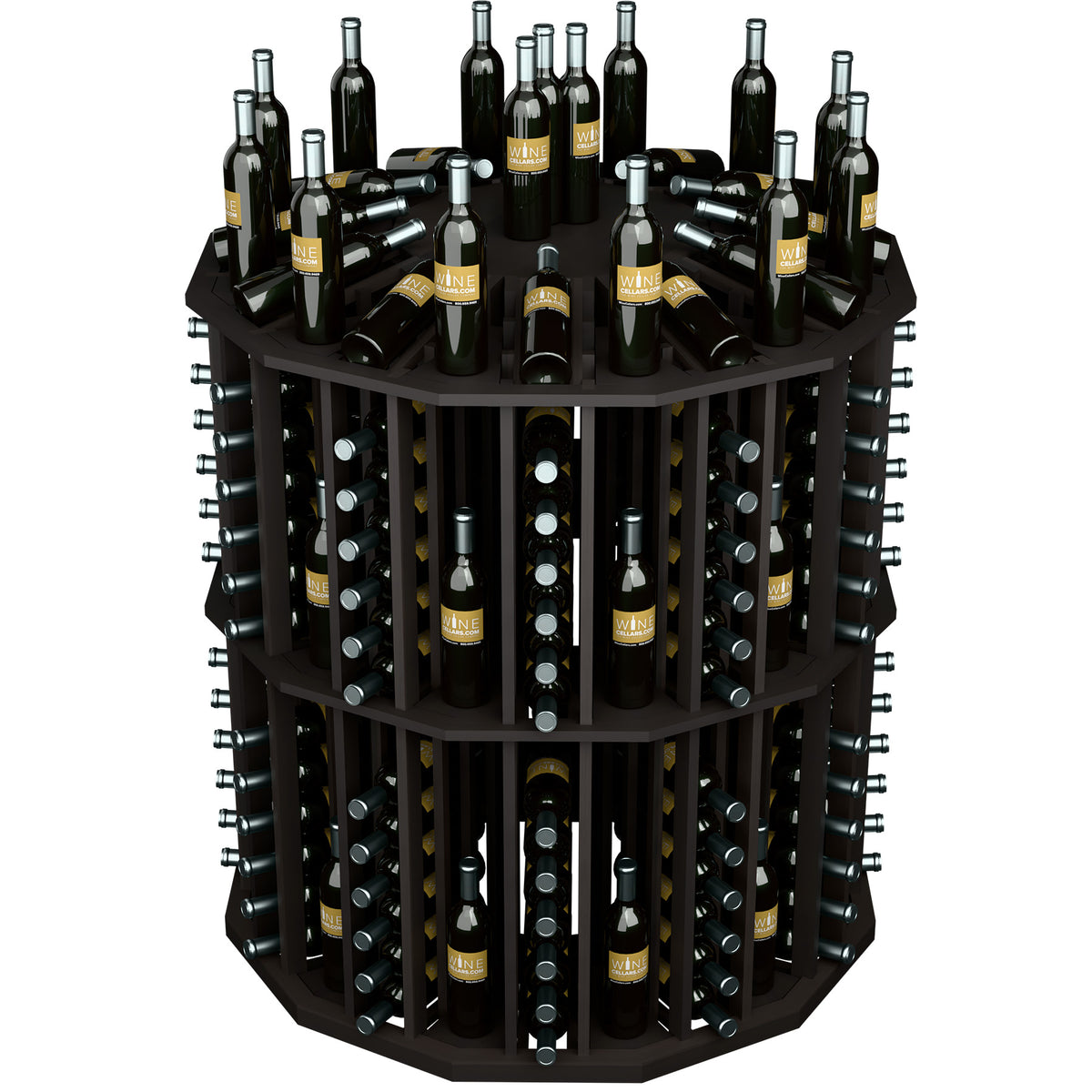 Black round bottle display with metal racks and bottle holder slots, 3 levels
