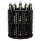 Round bottle display rack with dark frame, featuring rows of bottle holder slots