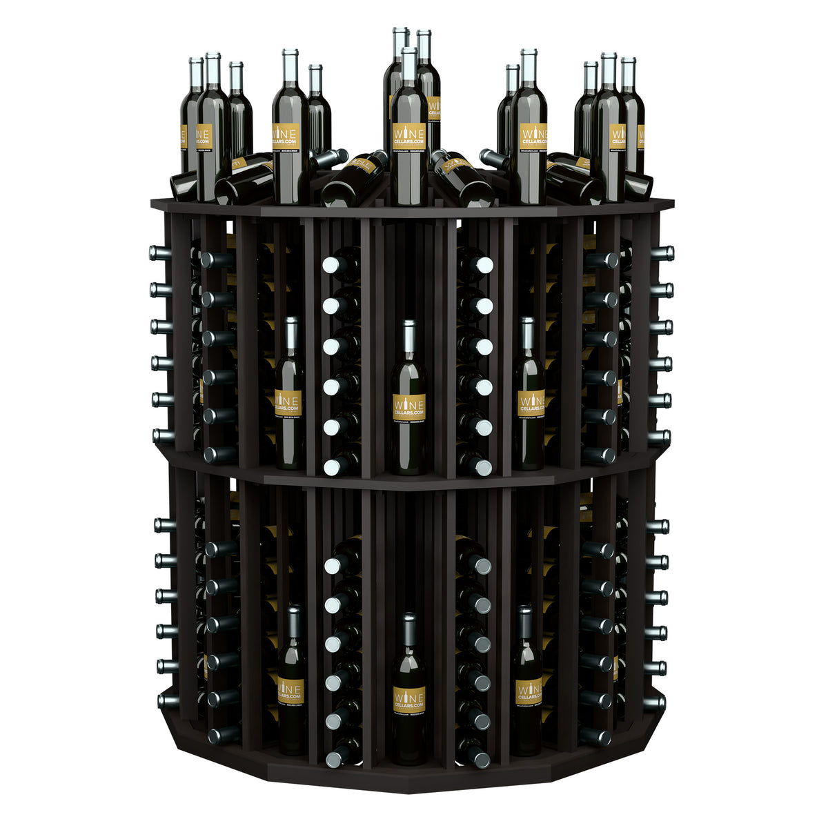 Round bottle display rack with dark frame, featuring rows of bottle holder slots