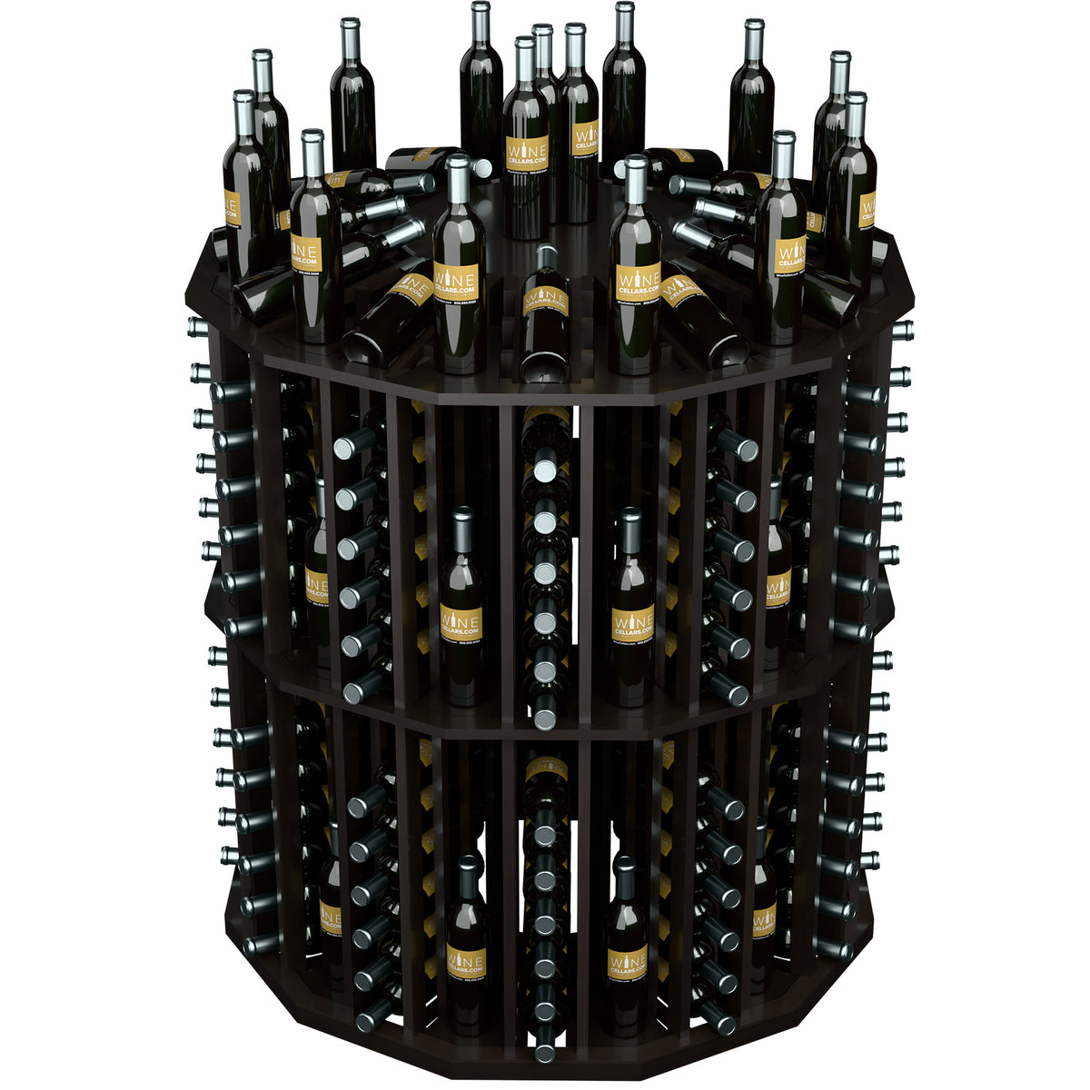 Round wine bottle display rack with dark wood shelves and multiple black wine bottles