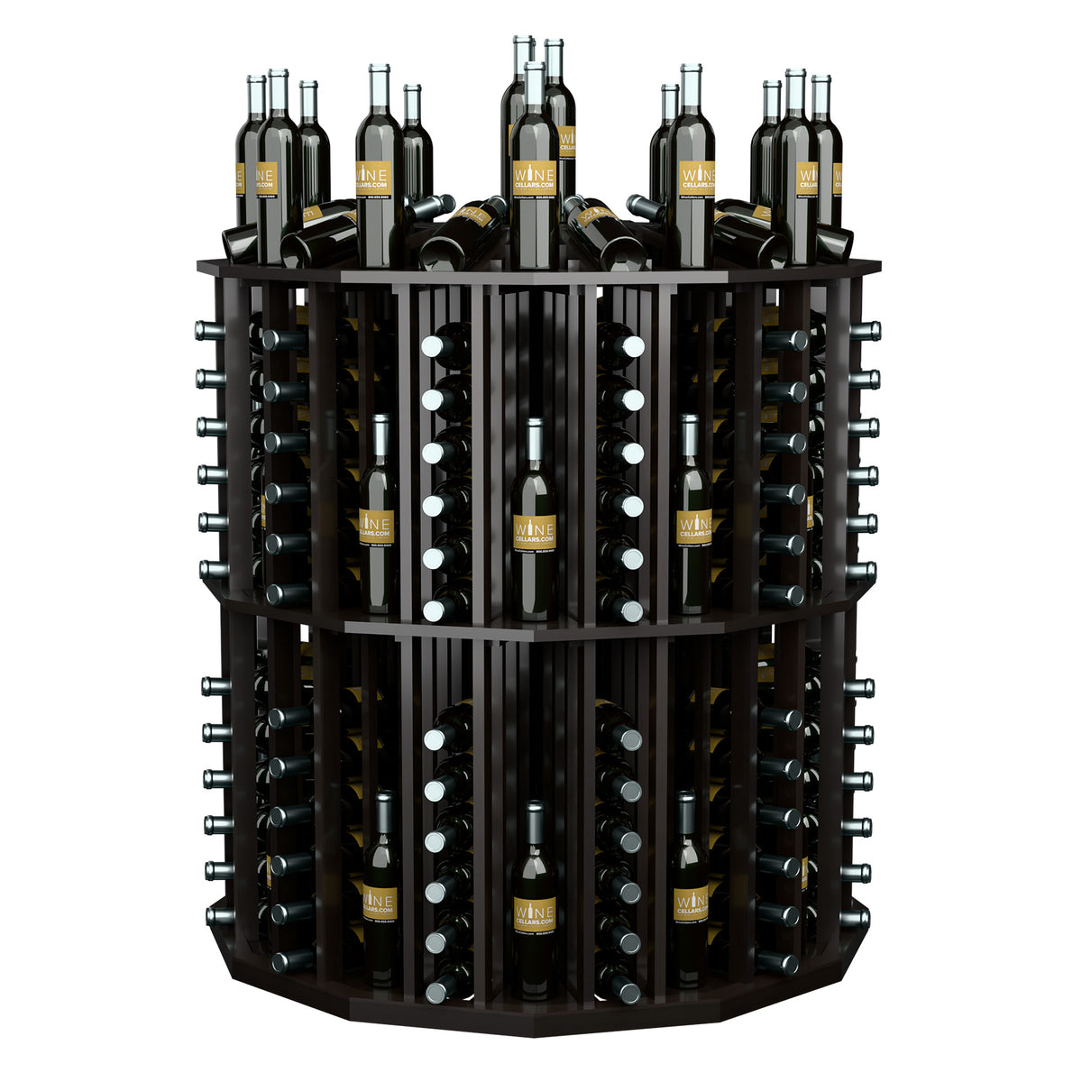Round wine bottle display with dark wood frame, bottle tiers, and black wine bottles